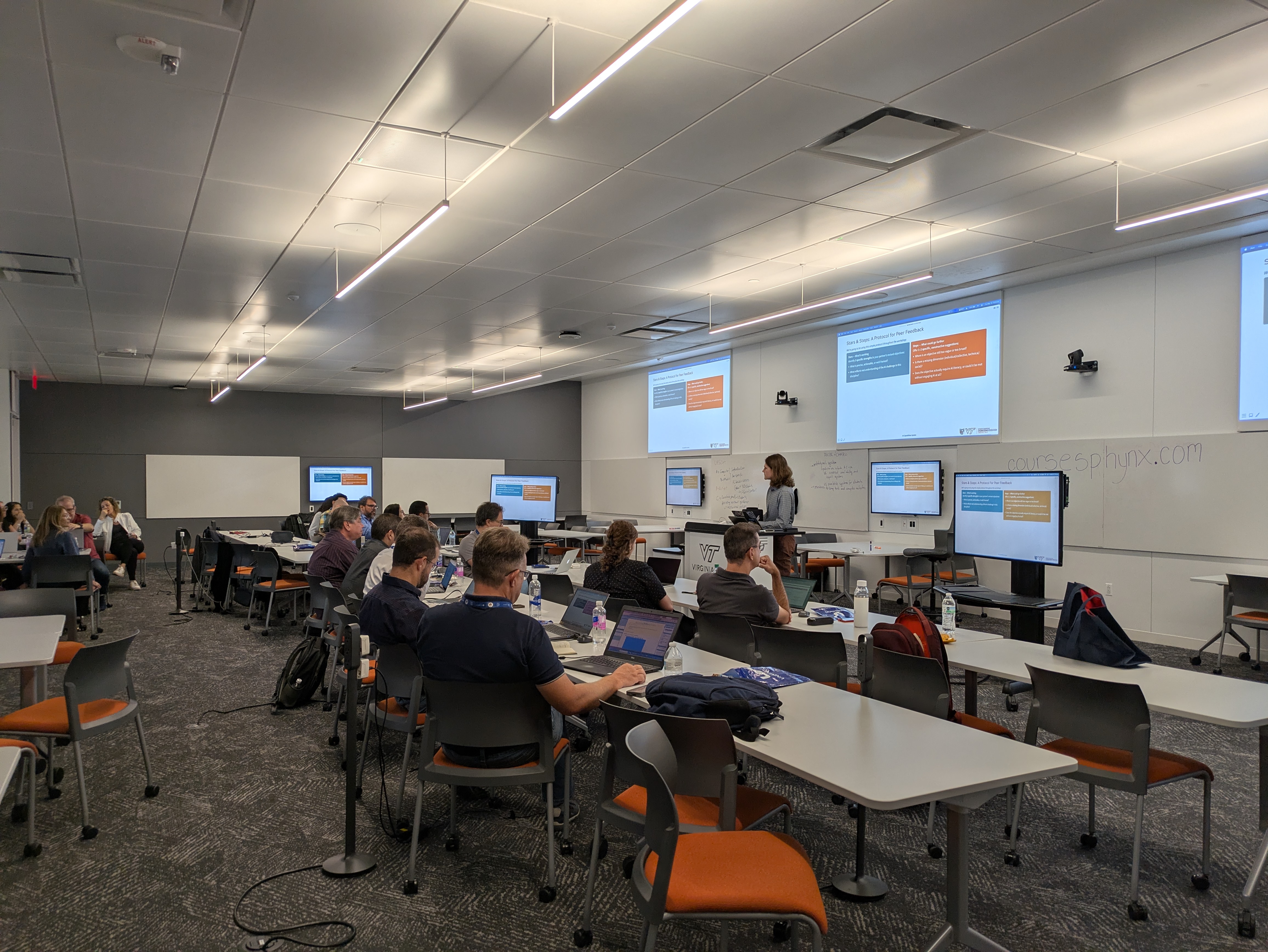 Workshop participants seated at tables with laptops in a Virginia Tech active-learning classroom, following a slide on a peer feedback protocol