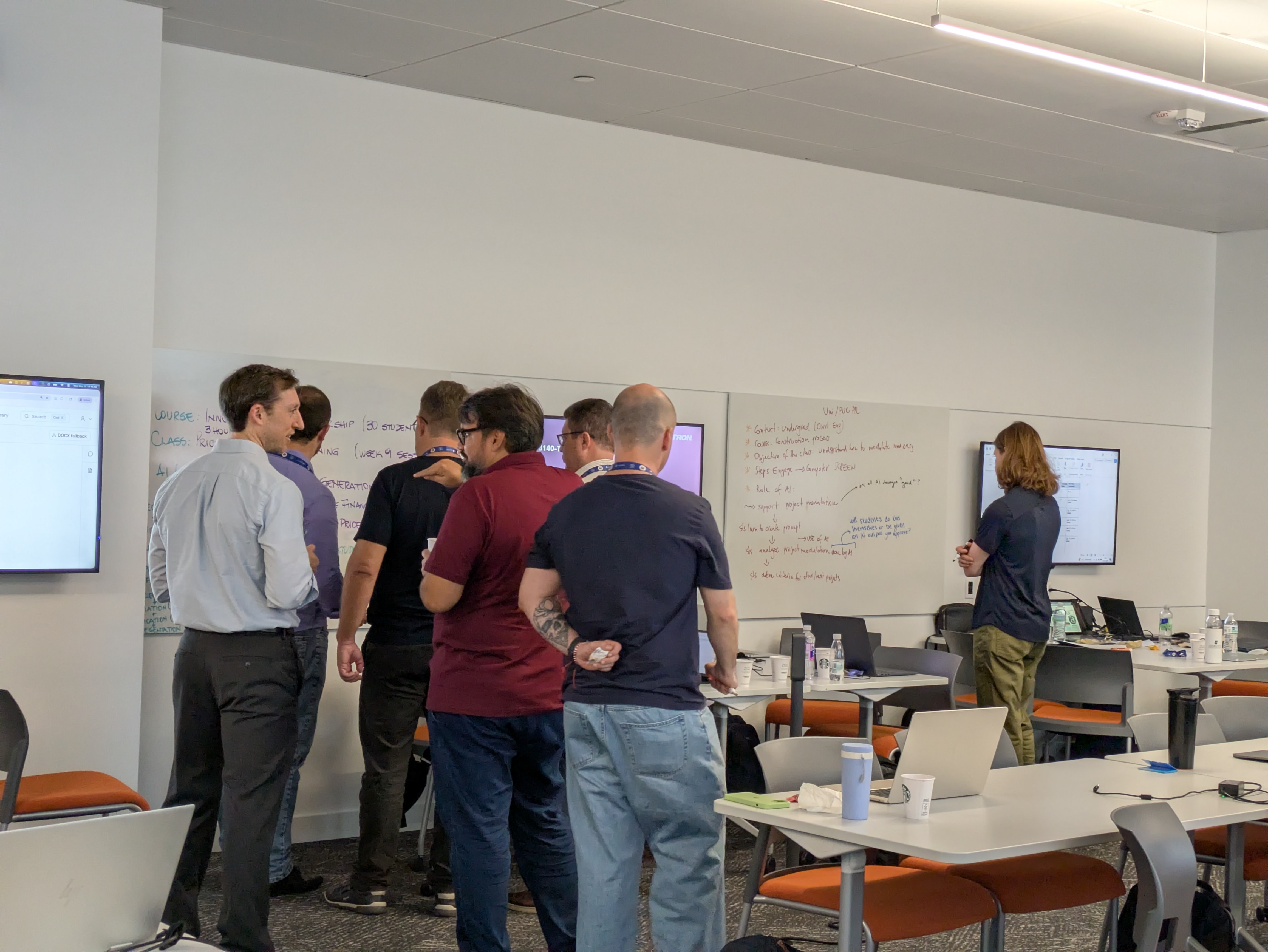 A group of participants standing at a whiteboard, mapping out a course redesign and where AI fits within it